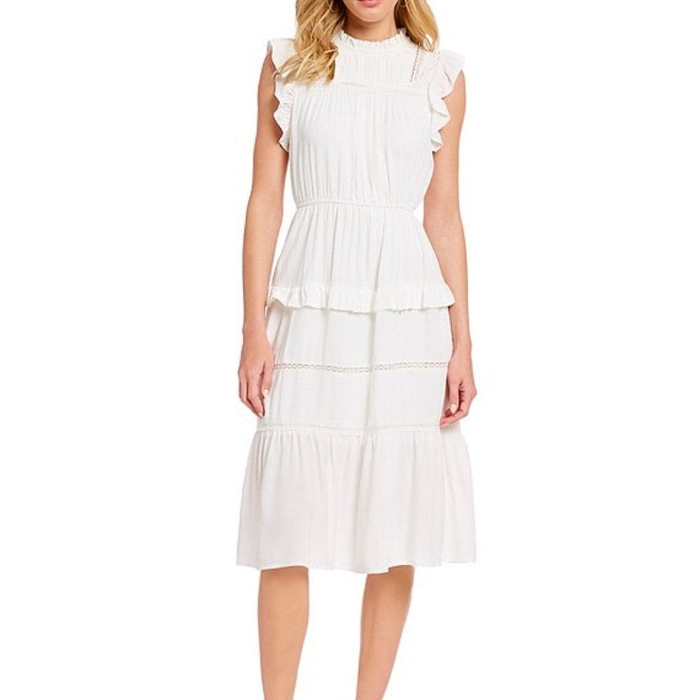 Ruffle Tiered Lace Trim Blouson Midi Dress